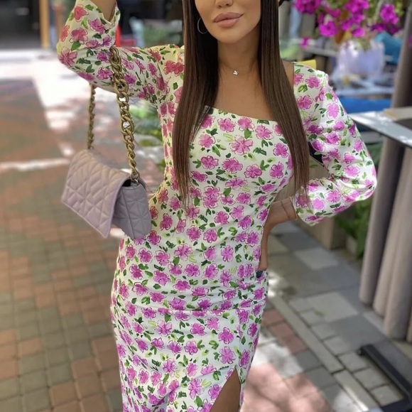 ZARA SATIN FLORAL MULTICOLORED PINK MIDI DRESS small pink green white - Picture 3 of 3